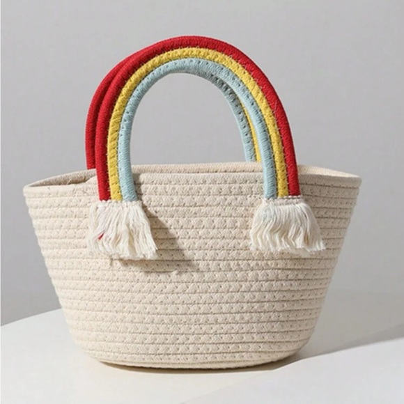 Lola + The Boys Other - Handmade Woven Beige Handbag w Knitted Rainbow Tassel Handle OS New